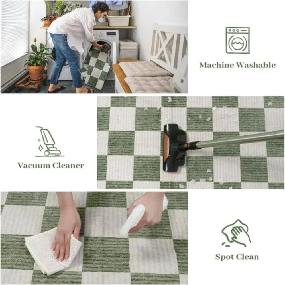 New 5x7 Green Checkered Area Rug, Washable Non-Slip Modern Carpet for Any Room